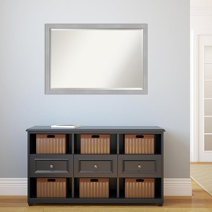 Amanti Art Silver Bathroom Mirror for Over Sink, 27x39 Vista Brushed Nickel Narrow Rectangle Vanity Mirror, Large Casual Frame, Hangs Horizonally and Vertically, Bathroom Wall Decor, Beveled Edge