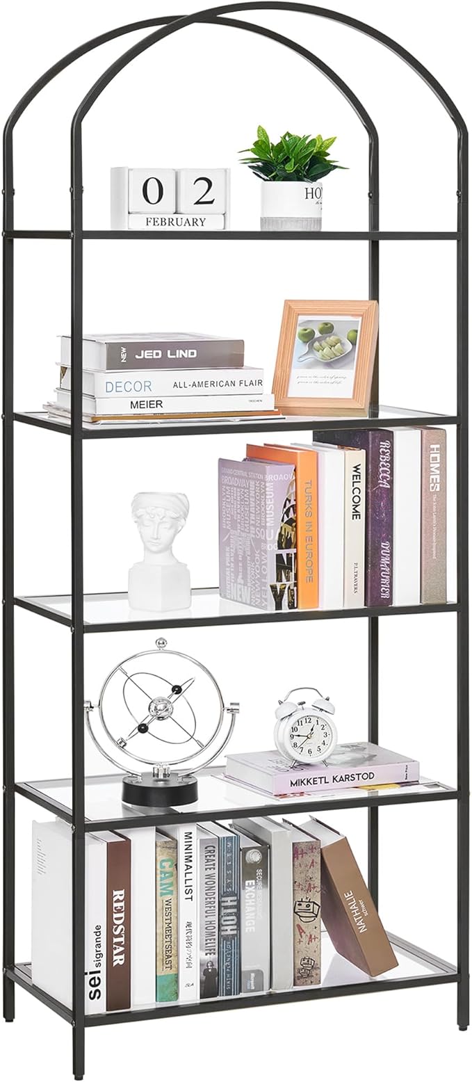 Homhedy Bookshelf Arched Display Racks,Metal Bookcase,Tempered Glass Shelves,Storage Rack Shelf for Home Office,Living Room,Bedroom, Bathroom,Modern Style (Black, 11.8" D x 23.6" W x 62.2" H)