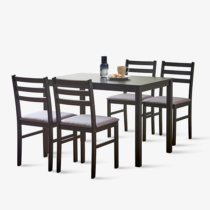 Livinia Seattle 5-Piece Wooden Dining Table Set for 4, Modern Farmhouse Kitchen Dining Room Set with Solid Wood Ladder Back Chairs for Small Space (Black)