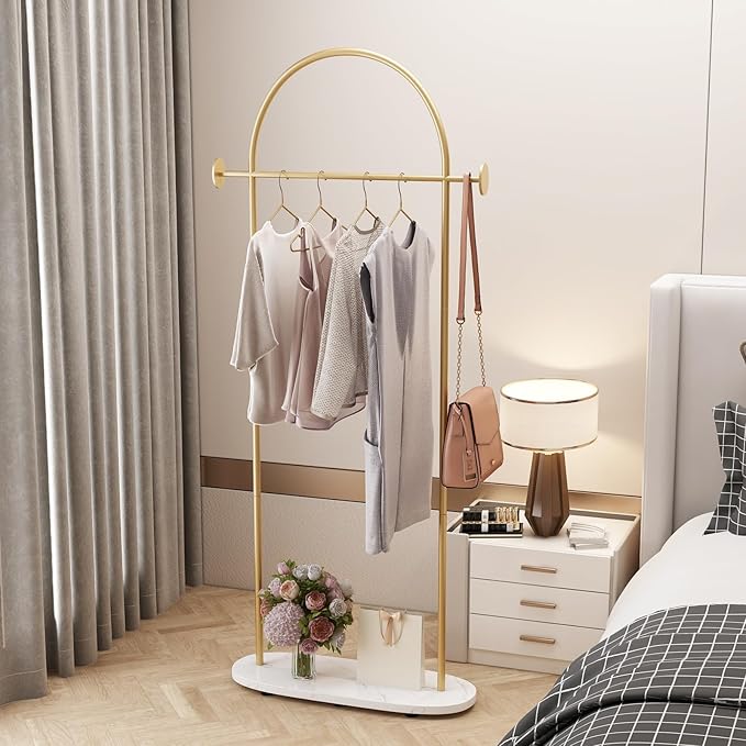 Gold Clothing Rack, Modern Clothes Rack with Shelf, Heavy Duty Freestanding Coat Rack, Metal Coat Hanger Stand with Hooks for Boutique Office
