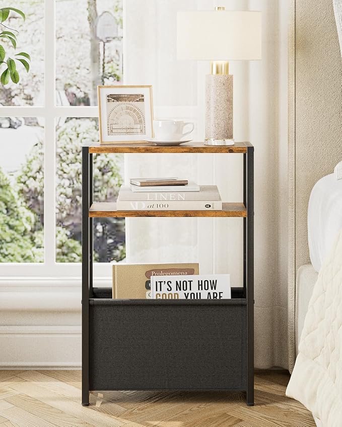 Narrow Side Table End Table, 3-Tier Side Table with Storage Bag, Narrow Nightstand for Small Spaces, Bedside Table for Living Room, Bedroom, Rustic Brown