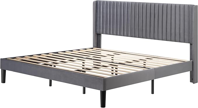 Allewie King Size Velvet Bed Frame/Vertical Channel Tufted Wingback Headboard/Upholstered Platform Bed/No Box Spring Needed/Strong Wooden Slats/Easy Assembly/Grey