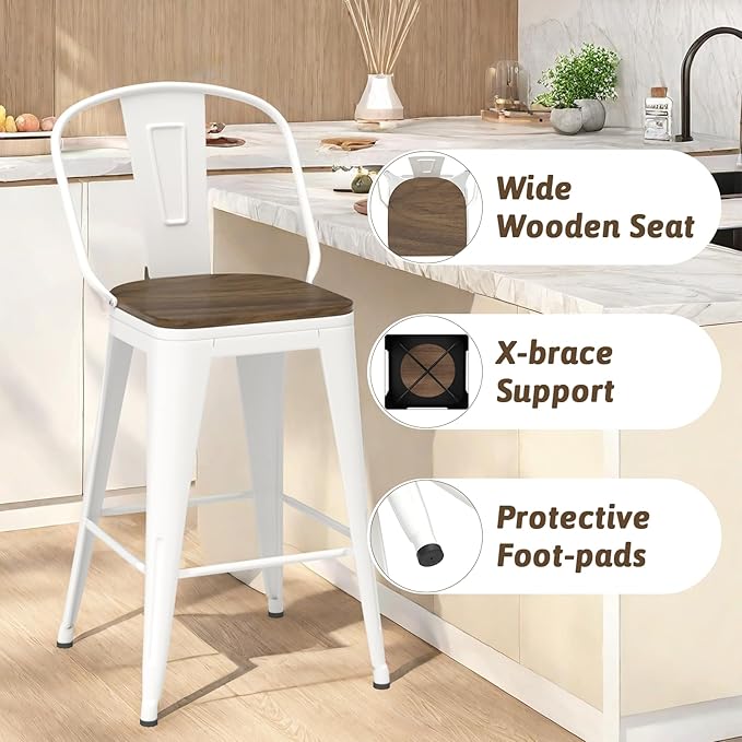 24” Swivel Bar Stools Set of 4, Counter Height Bar Stools Wooden Seat, Metal Industrial Bar Chairs with High Back for Kitchen Island (White)
