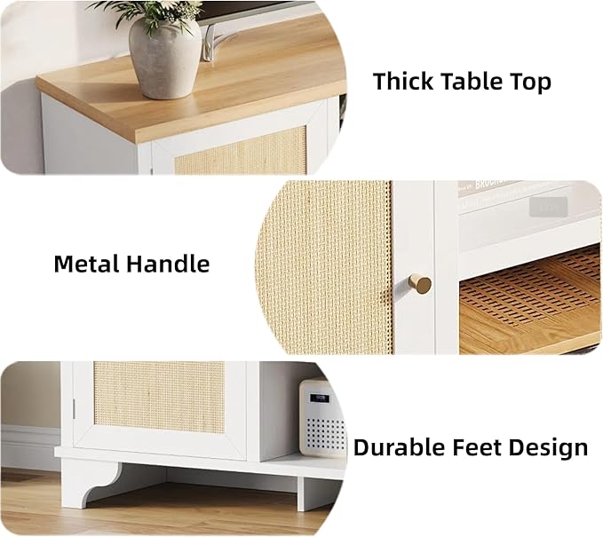 GarveeHome Rattan TV Stand for 70 Inch TV, Boho Entertainment Center with Cabinets & Open Shelves, Wooden Media Console Table for Living Room, White