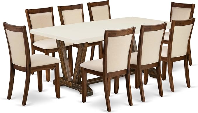 East West Furniture V727MZN32-9 9 Piece Dining Room Furniture Set Includes a Rectangle Dining Table with V-Legs and 8 Light Beige Linen Fabric Upholstered Chairs, 40x72 Inch, Multi-Color
