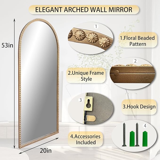 Large Arched Mirror, 20"x53" Gold Arch Floor Mirrors for Dressing, Metal Beaded Frame Decorative Accent Mirror, Ornate Vintage Mirrors for Living Room Bedroom Bathroom Entryway