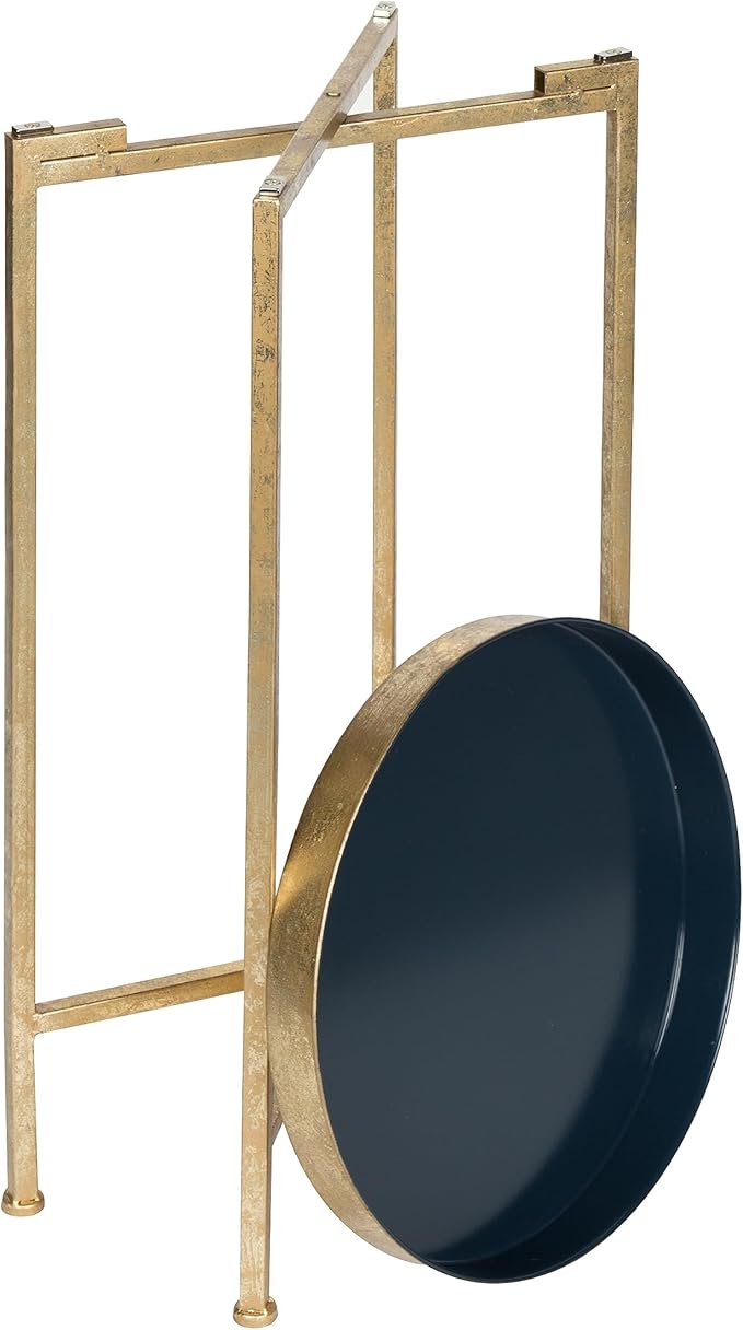 Kate and Laurel Celia Round Metal Foldable Tray Accent Table, Navy Blue with Gold Base
