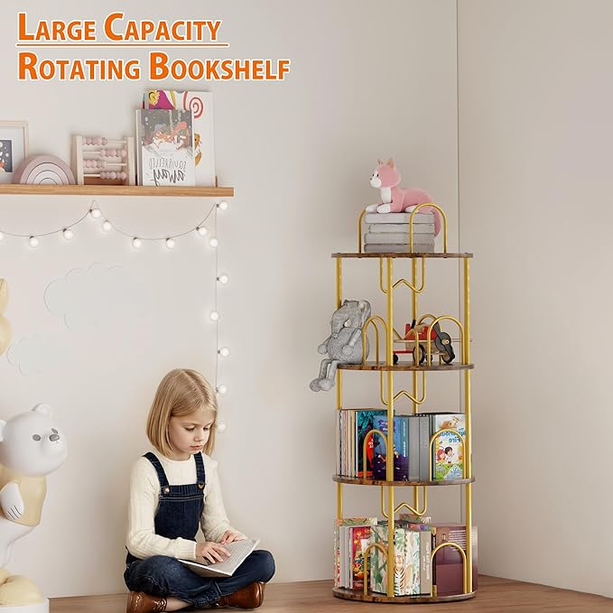 3 Tier Rotating Bookshelf, 360° Spinning Bookshelf Tower, Round Narrow Space Saving for Books and Display, Revolving Bookcase Corner Tall Book Shelf for Small Spaces, Bedroom, Living Room, Gold