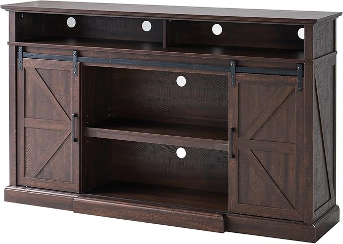 66" Farmhouse TV Stand for 75 Inch TVs, 40" Tall Entertainment Center with Sliding Barn Doors, Rustic Media Console Table Storage Cabinet with Adjustable Shelves, Living Room, Sawdust Brown
