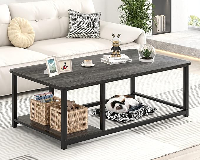 EXCEFUR Coffee Table, Rustic Wood and Metal Living Room Table with Adjustable Storage Shelf, Dark Grey, 47 Inch