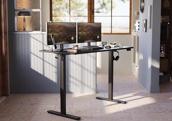 Seang Standing Desk with Adjustable Height, 63x24 Inch Electric Stand Up Desk for Home Office, Studio, Computer Workstation, Black Top