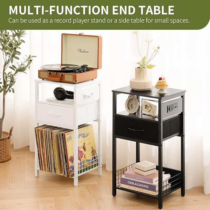 Yoobure Side Table - Night Stand with Charger Station & LED Light, 3 Tier Small End Table Living Room, Bedside Table with Drawer, Record Player Stand with Vinyl Storage, White Nightstand for Bedroom