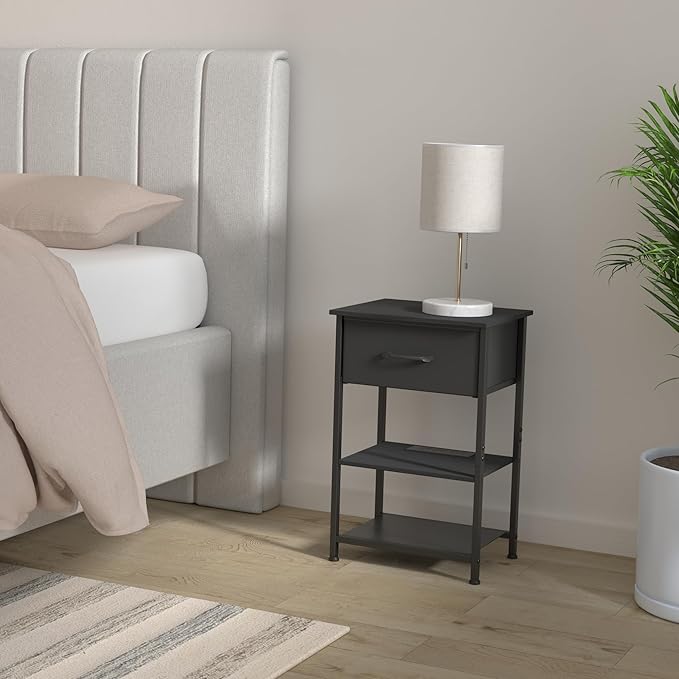 Nightstands Set of 2 with Charging Station and Drawer, End Table Side Table with 20 Colors LED Light Strip and 2 Layers Shelf for Bedroom Living Room Sofa (Black)