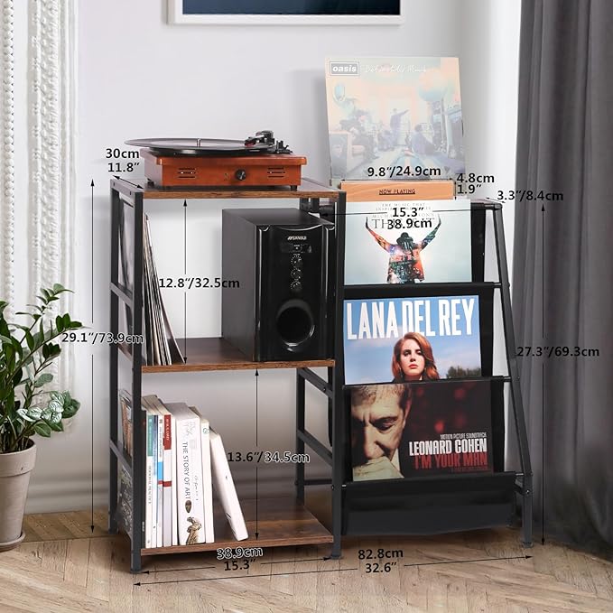 Record Player Stand, 3-Tier Vinyl Record Storage, Turntable Stand with Now Playing Holder, Vinyl Display for Living Room, Rustic Brown