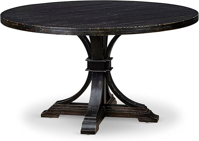 I57-11-TP Mid-century Table with Acacia Wood Round Tabletop and Stylish Pedestal Base - Sand Blasted Black Finish
