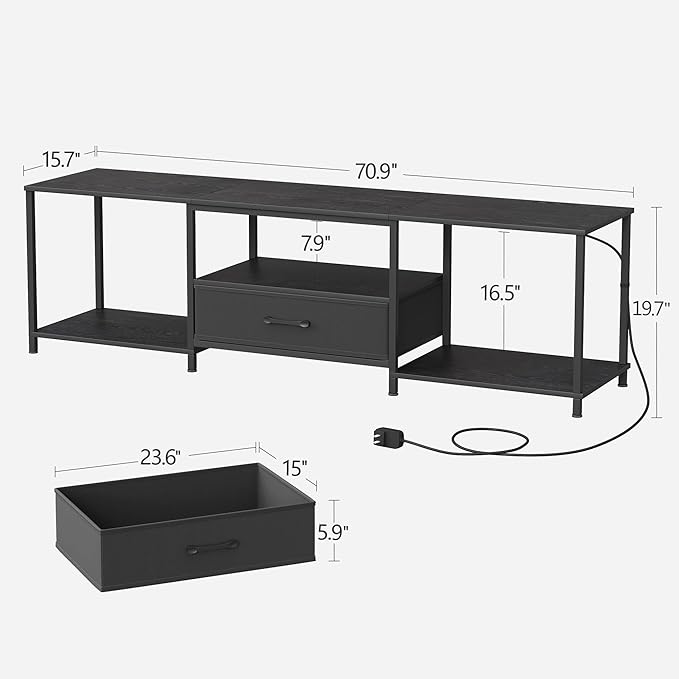 TV Stand with LED Lights, Entertainment Center with Open Shelves and Fabric Drawer, Media Console for 80 Inch TV, Television Stands for Living Room, Bedroom, Black
