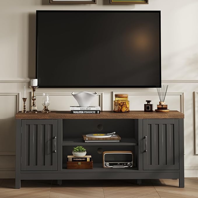 ChooChoo Farmhouse TV Stand for Televisions up to 55 inches, Entertainment Center Console Table Media Furniture with Storage Cabinets and Open Shelves, Fluted Door, for Living Room Bedroom, Black