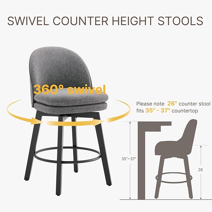 Counter Height Barstools 26 inch Upholstered Swivel Bar Stools with Back and Wood Legs for Kitchen Island,Set of 1,Dark Grey Fabric-Armless