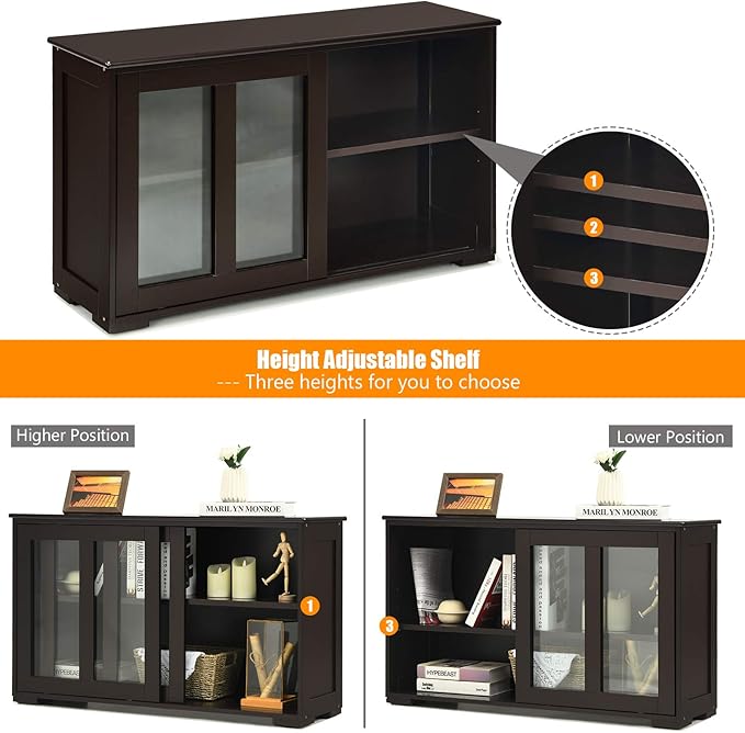Costzon Sideboard Buffet Cabinet, Wooden Kitchen Storage Cabinet with Adjustable Shelf, Sliding Glass Doors, Accent Coffee Bar Cabinet Console Table for Living Room, Dining Room, Hallway (Coffee)