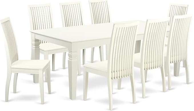 East West Furniture LGIP9-LWH-W 9 Piece Dining Table Set Includes a Rectangle Dining Room Table with Butterfly Leaf and 8 Wooden Seat Chairs, 42x84 Inch, Linen White