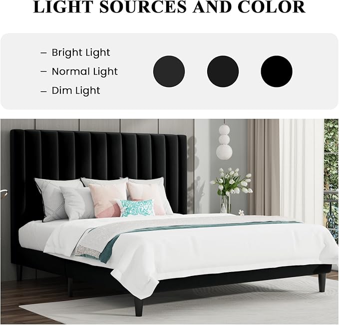 SHA CERLIN King Bed Frame/Velvet Upholstered Platform Bed Frame with Headboard/Strong Wood Slats Support/Mattress Foundation/No Box Spring Needed - Black