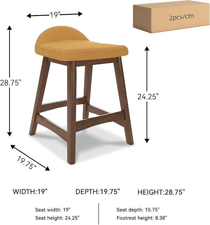 Signature Design by Ashley Lyncott Contemporary 28.5" Counter Height Upholstered Bar Stool with Foam Cushion, 2 Count, Mustard & Brown