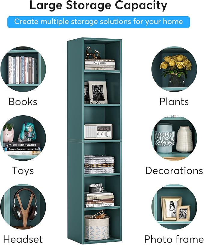 LITTLE TREE 70.9 Inch Tall Narrow Bookcase, Corner Bookshelf 6 Tier Cube Display Shelf Storage Organizer for Small Space, Blue
