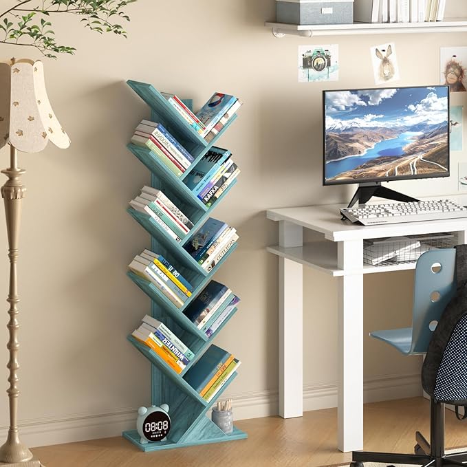 10 Tier Tree Book Shelf, Floor Standing Wood Bookshelf for Narrow Space, Storage Organizer Bookshelves for Books/CDs/Magazine, Bookcase with Shelves for Home Office, Living Room - Blue