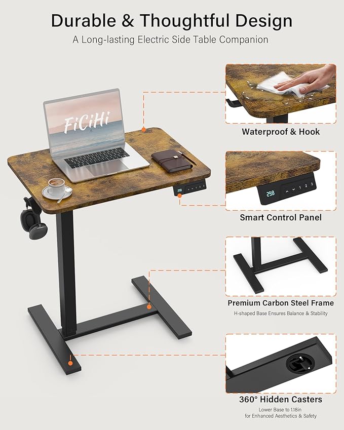 Mobile Standing Desk with Wheels - Electric Height Adjustable Small Movable Laptop Desk, Portable Rolling Computer Sit Stand Side Table for Home Office, Sofa&Bedside Use (23.6",Rustic Brown)