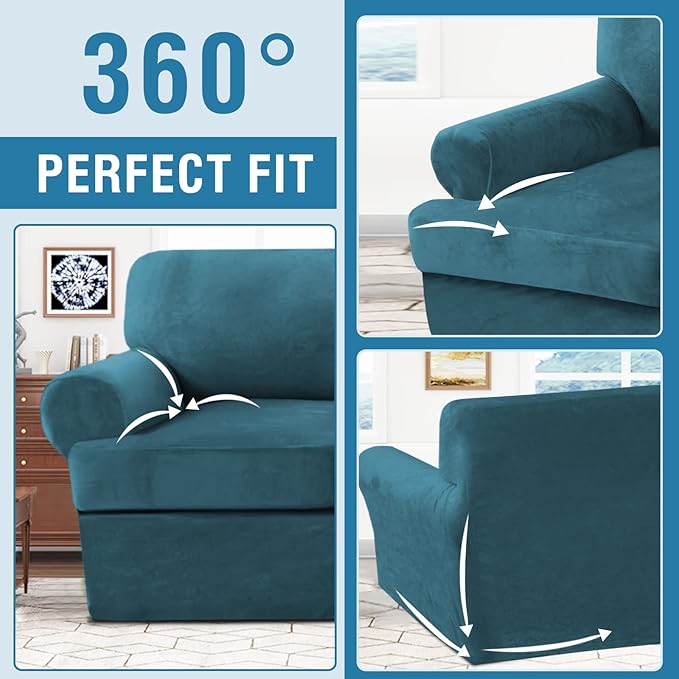 H.VERSAILTEX Sofa Cover 2 Piece T Cushion Armchair Slipcovers Velvet Couch Cover Furniture Protector Stretch T Cushion Sofa Covers for 1 Cushion Couch with 1 Individual T Cushion Covers, Deep Teal