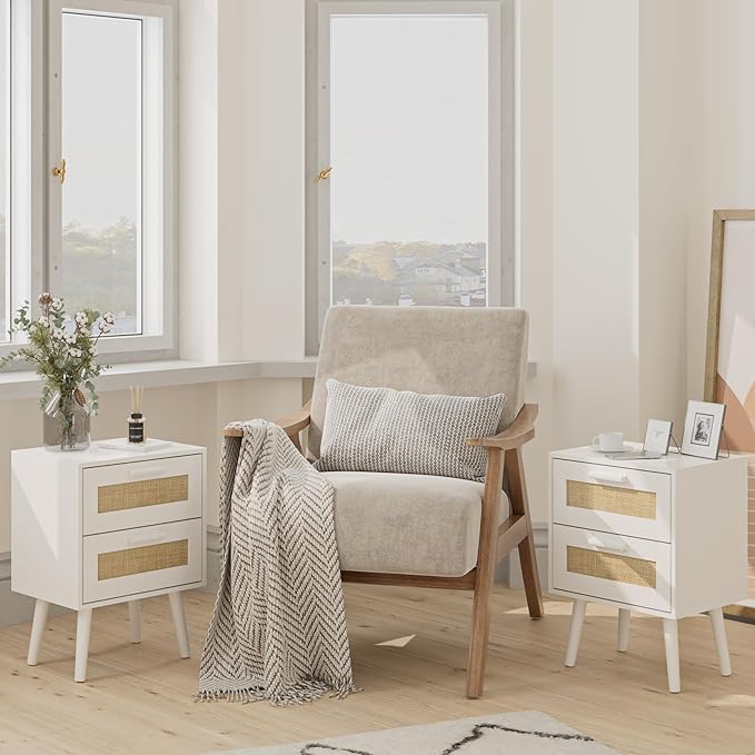 Masupu Rattan Night Stand, Modern nightstand Boho Bedside Table with 2 Drawer, Small End Side Table for Bedroom,Living Room,Office,White