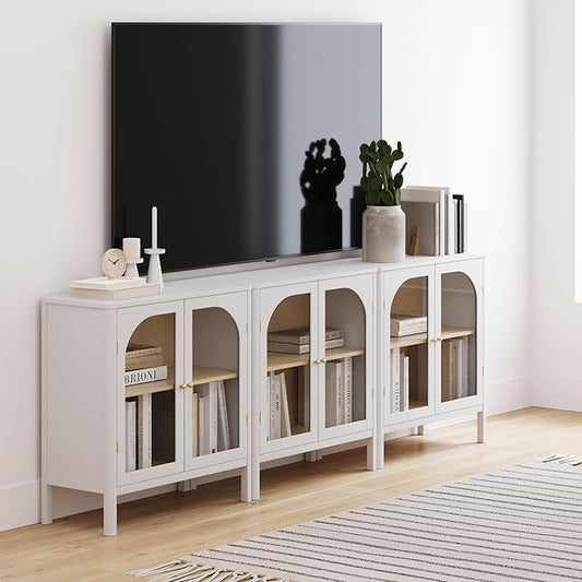 Nathan James Mason Wood Storage Cabinet Accent Sideboard Buffet Credenza TV Stand with Glass Doors and Adjustable Shelf for Dining Room, Entryway or Living Room, Clear Glass/White/Light Oak, Set of 3