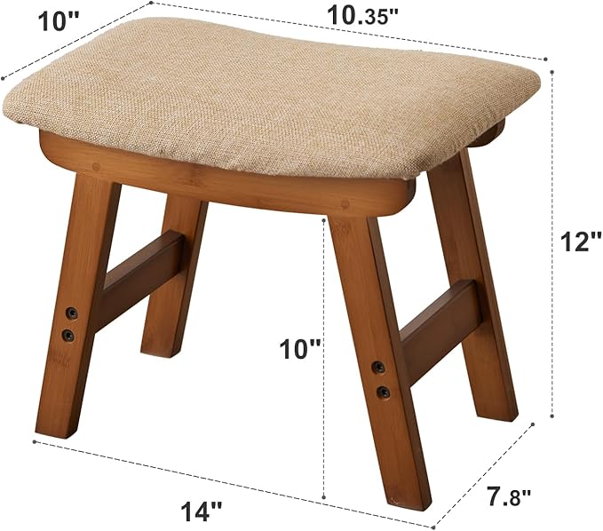 Foot Stool,Ottoman,Bamboo Small Sofa Foot Rest Under Desk,Extra Seating for Living Room, Bedroom and Kitchen(Brown Stool Legs - Beige Surface)