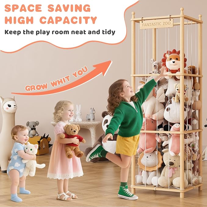 TOPMELON Stuffed Animal Zoo Storage, 16.8″ x 16.8″ x 53.6″ Large Capacity Plush Toy Organizer, Cute Zoo Toy Holder for Kids, Wooden Toys Organizer Tower for Playrooms & Children's Room