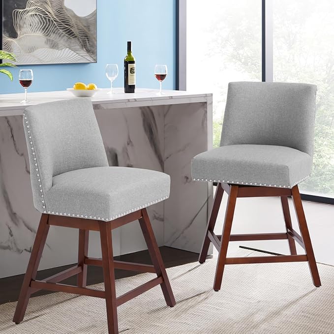 Counter Height Barstools Set of 2,360° Swivel Bar Stools with Back,26 inch Modern Counter barstools,Upholstered Bar Tall Stools for Kitchen Counter,Kitchen Island,Bar, Home (Light Gray, SET OF 2)