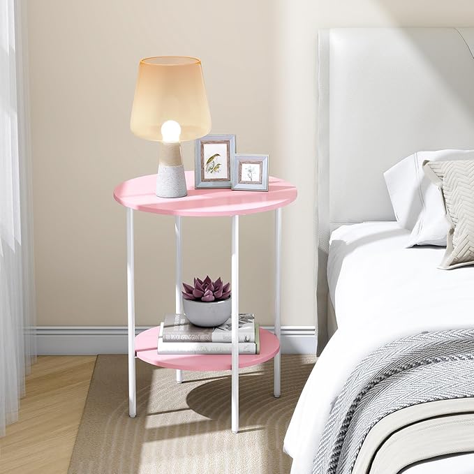 Side Table,Round End Table with 2 Storage Shelves| Compact Side Tables for Living Room, Couch, Office & Bedroom | Narrow Accent Table as Space-Saving Small Bedside Table 18x18x22in (Pink)