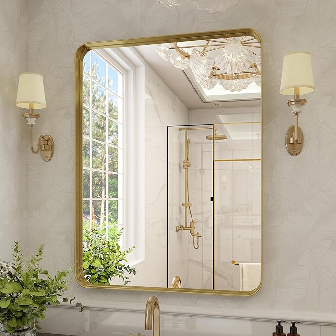 Bathroom Mirror 30x40 inch, Gold Gorgeous Deep Frame Wall Mirror, Modern Round Corner Bathroom Vanity Mirror for Bedroom, Living Room, Hanging or Leaning Horizontal or Vertical, Gold