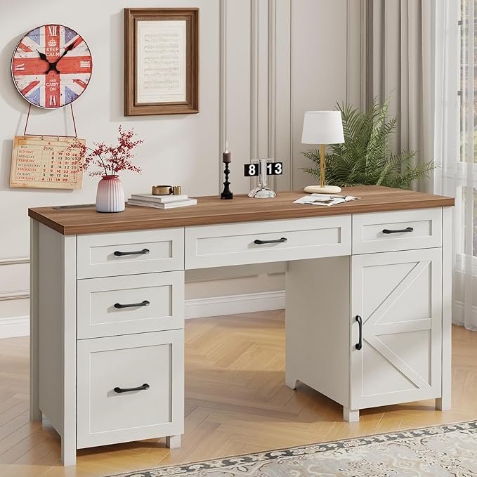 Farmhouse 61'' Executive Desk with 5 Drawers, Rustic Office Desk Computer Desk with Charging Station, File Drawers and Storage Cabinet, Wood Workstation for Home Office and Study.(Brown Top)