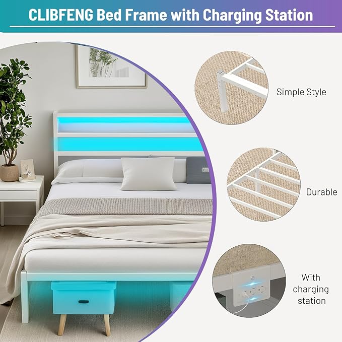 Full Size Bed Frame with Headboard,Heavy Duty Steel Slats Support-LED Bed Frame with USB Charging Station,Mattress Foundation-Under Bed Storage,No Box Spring Needed,Noise Free,White