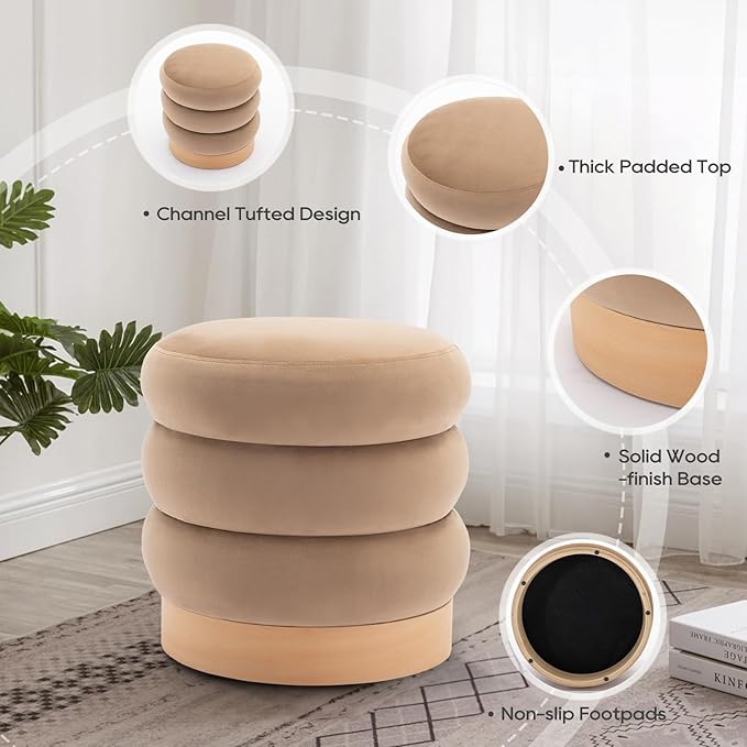 COLAMY Velvet Ottoman Footstool, Tufted Modern Foot Rest Stool with Wood Base for Living Room, Bedroom, Desk, Round Versatile Side End Table, Pouf, Makeup Seat, Camel