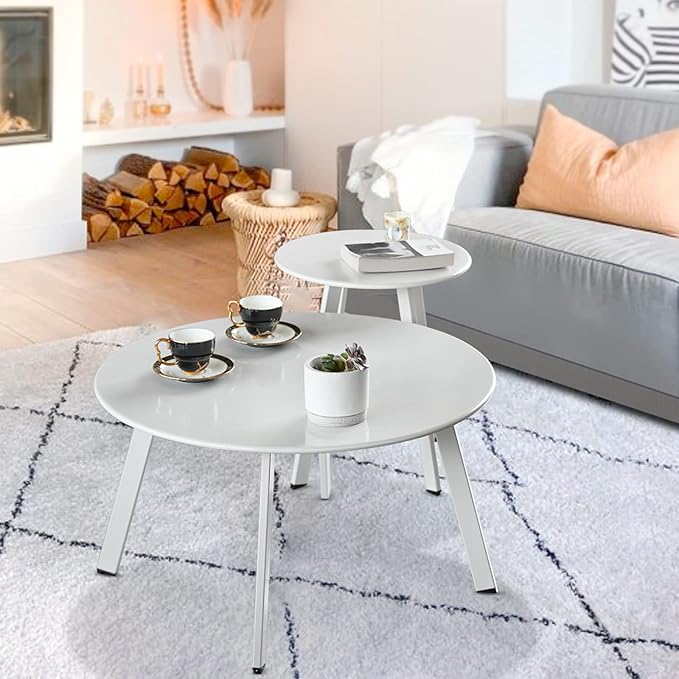 Patio Coffee Table Set of 2, Outdoor Weather Resistant End Table, Round Nesting Tables for Living Room Balcony Office, White