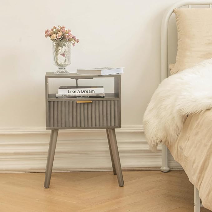 Night Stand with Charging Station, Modern Bedside Table with Drawer and Solid Wood Legs, Fluted Side End Table for Bedroom, Dorm and Small Space (Grey)