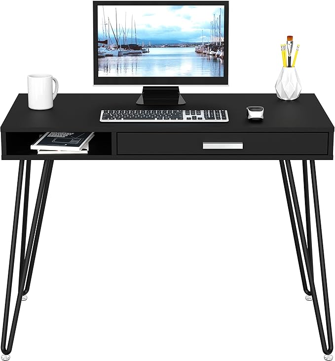 SHW Home Office Computer Hairpin Leg Desk with Drawer, Black
