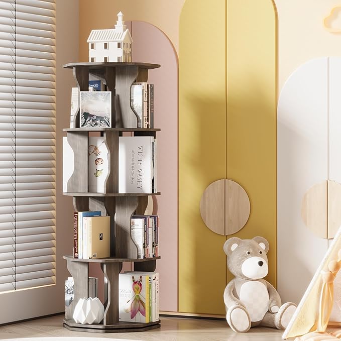 4 Tier Rotating Bookshelf, Spinning Bookshelf Tower Lazy Susan, Corner Revolving Storage Rack for Bedroom, Study Room, Kids Room, Living Room, Office, Gray