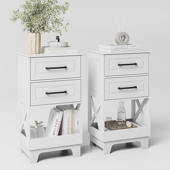 Tall Nightstand Set of 2 Side Table with 2 Drawers Modern Night Stand Wooden End Table Bedside Table with Below Open Shelf Solid Feet for Bedroom, Living Room, White