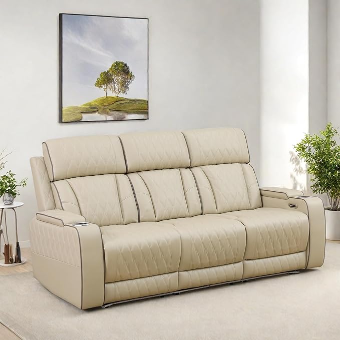 Leather Recliner Sofa Couch, 3-Seater Home Theater Seating Reclining Sofa, Power Reclining Couch with Cup Holders & Drop Down Table for Living Room Furniture Sets, Khaki