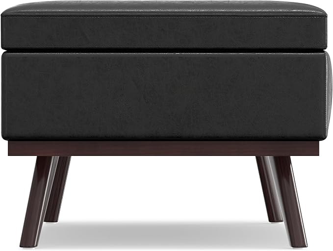 SIMPLIHOME Owen 42 inch Wide Mid Century Modern Rectangle Lift Top Large Coffee Table Storage Ottoman in Distressed Black Vegan Faux Leather, Assembled, for the Living Room, Entryway and Family Room