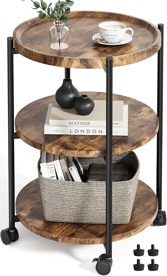 Side Tables Living Room, 3-Tier Modern End Table with Wheels, Small Side Table Nightstand Bedside Table for Living Room, Bedroom, or Small Spaces-Rust Brown