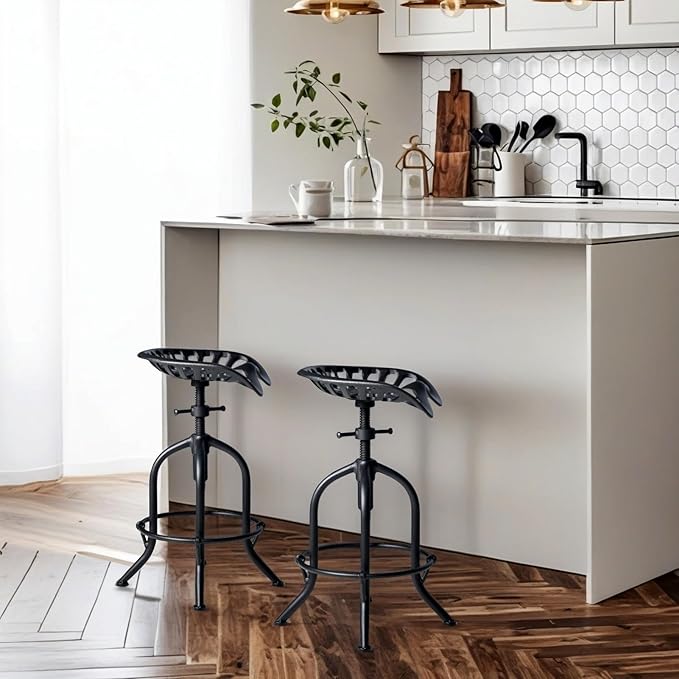 Industrial Bar Stool Farmhouse Tractor Saddle Stool Kitchen Counter Height Adjustable Bar Stool Metal Bar Stool 19.6-24 Inch Pub Bar Stool,Set of 2, Black