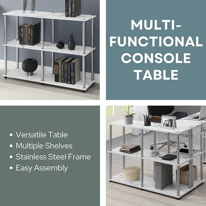 Convenience Concepts Designs2Go No Tools 3 Tier Wide Console Table 42" - Modern Accent with Shelves for TV Media Center, Office Desk Extension, Entryway Display, & Home Storage, White Faux Marble